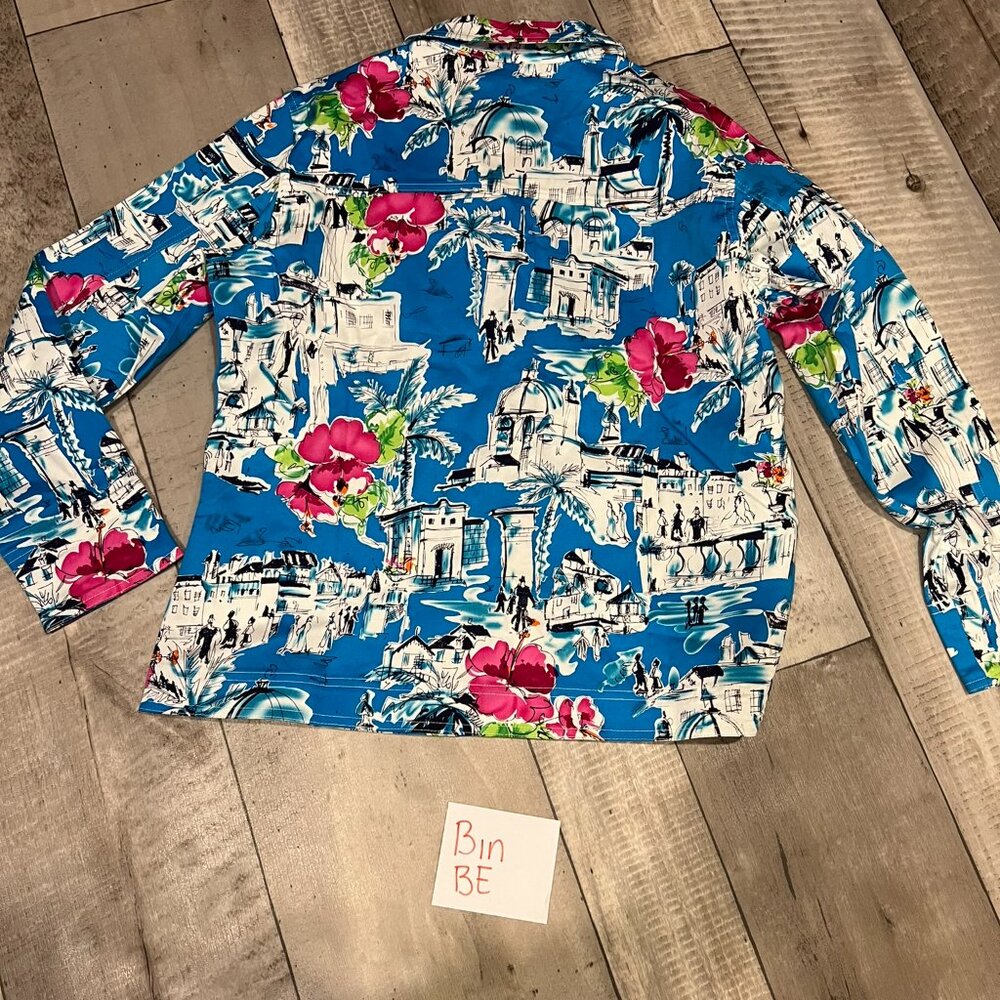 Susan Graver Women Blue Pink Tropical City Scape Collar Blouse Jacket 8 BE - Picture 9 of 9